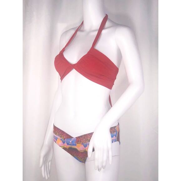 Koral Red Back Ties Halter Top & Cheeky Abstract Print Bottom Bikini Set SzS NWT - Picture 1 of 12